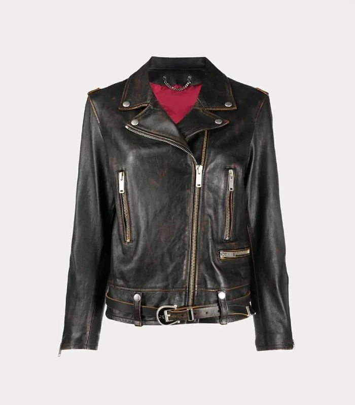 Womens Distressed Black Biker Leather Jacket