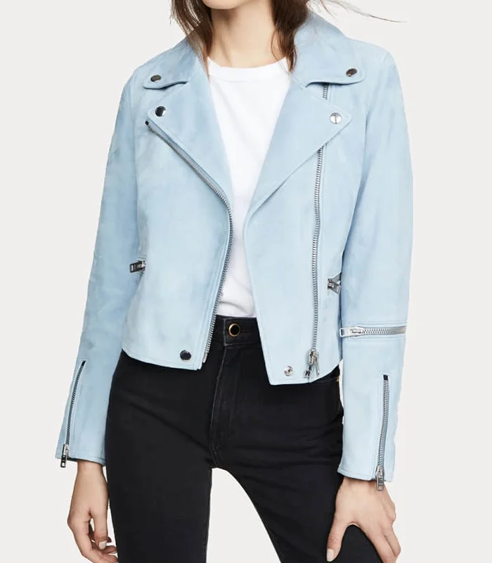 Womens Pale Blue Biker Suede Leather Jacket