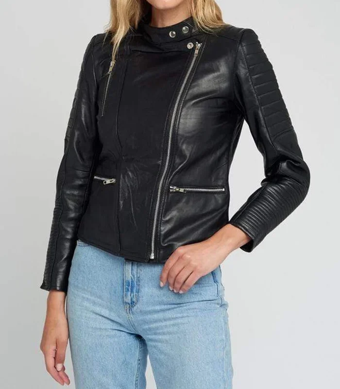 Womens Quilted Standing Collar Black Leather Jacket