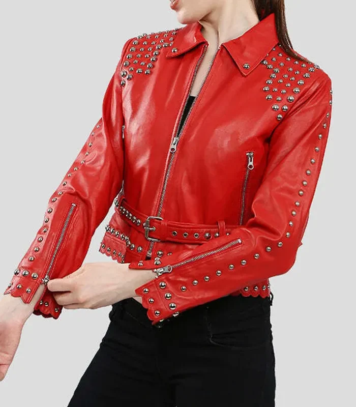 Women’s Red Studded Leather Jacket