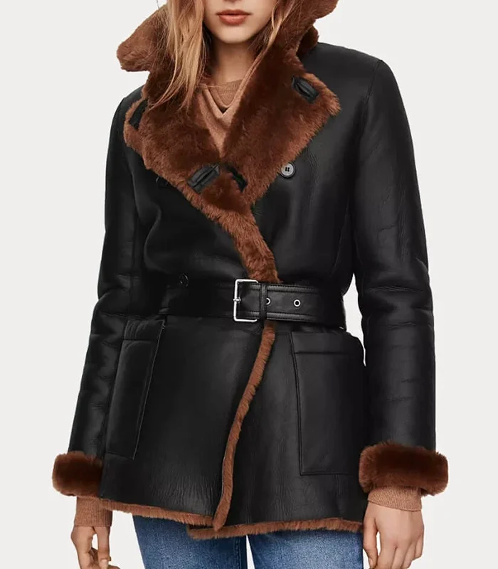 Womens Shearling Fur Black Leather Coat