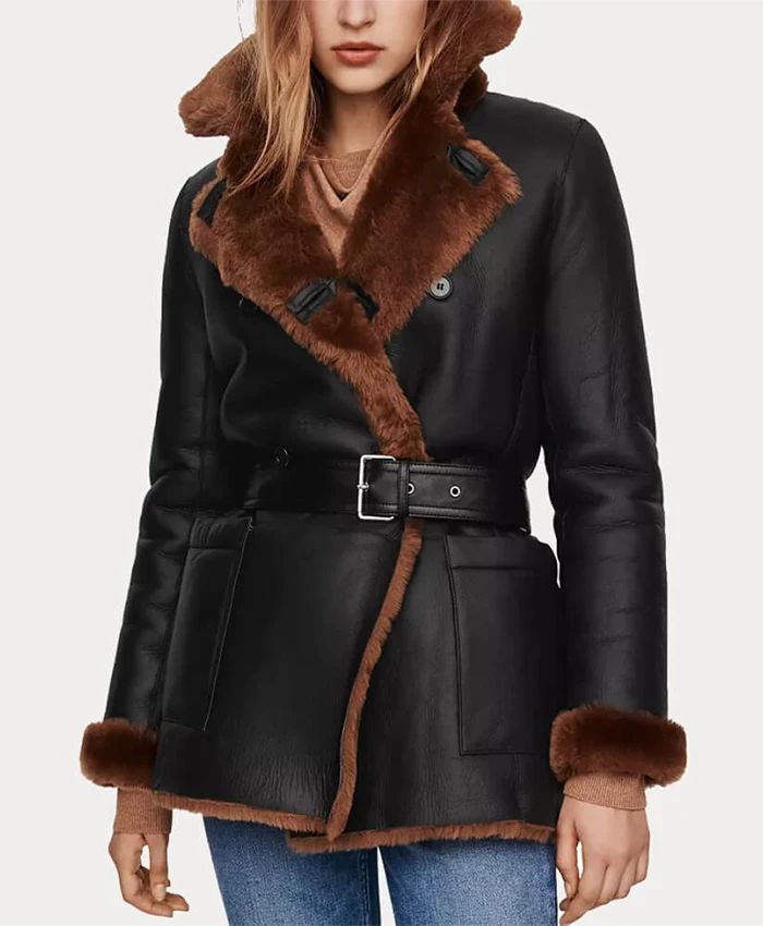 Womens Shearling Fur Black Leather Coat