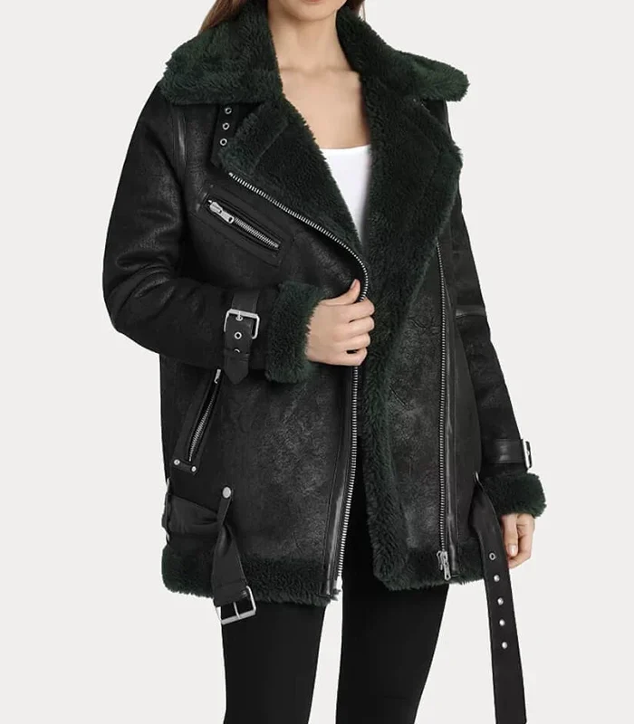 Womens Shearling Oversized Faux Black Biker Jacket