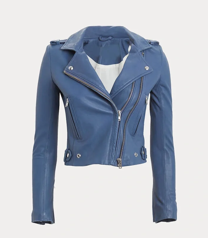 Womens Slim Fit Blue Biker Leather Jacket