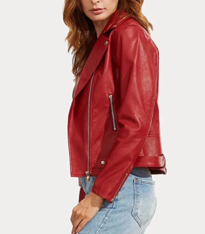 Womens Slim Fit Red Biker Leather Jacket