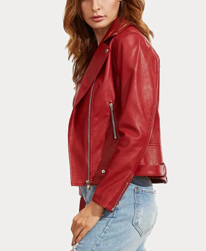 Womens Slim Fit Red Biker Leather Jacket