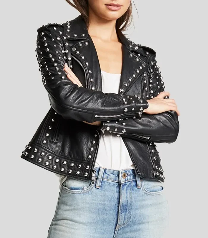 Womens Studded Black Biker Leather Jacket