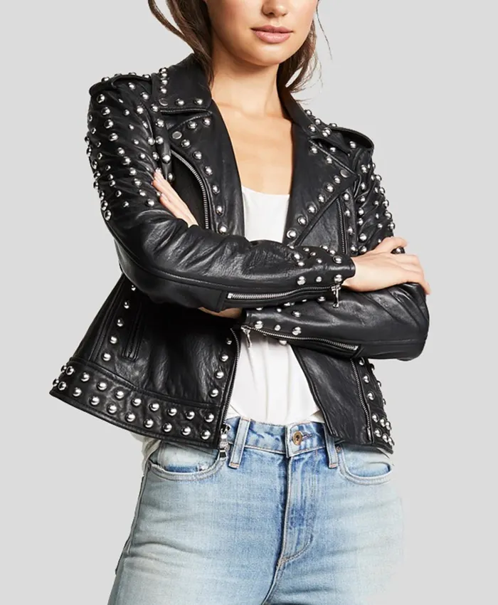 Womens Studded Black Biker Leather Jacket