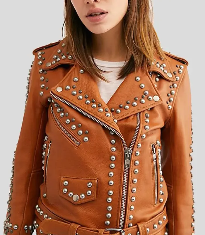 Womens Studded Tan Biker Leather Jacket