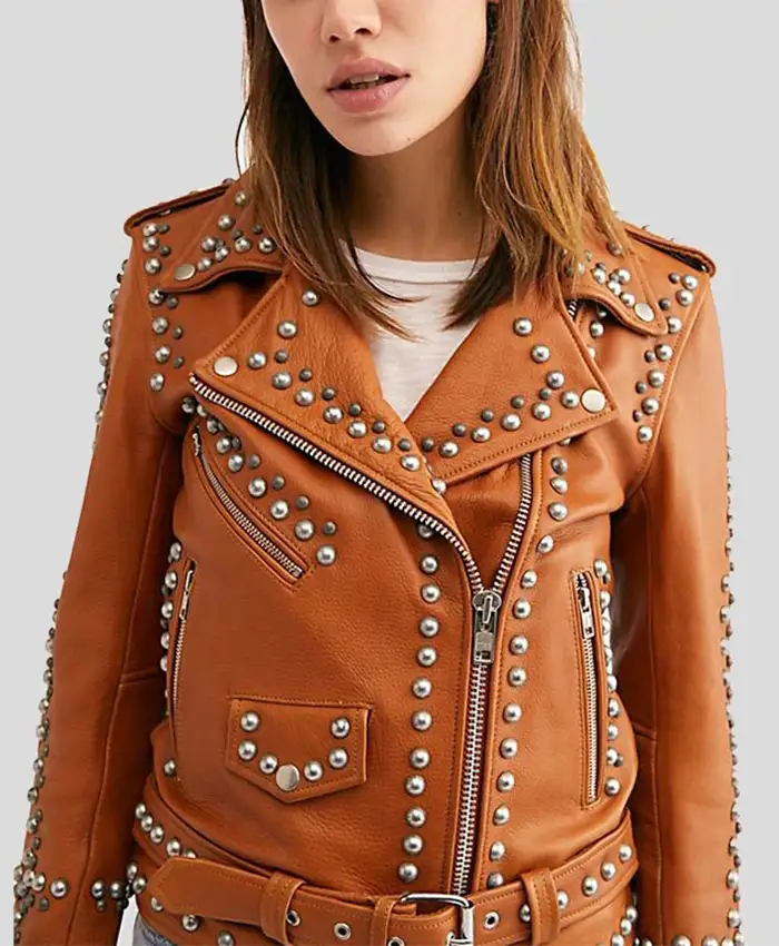 Womens Studded Tan Biker Leather Jacket