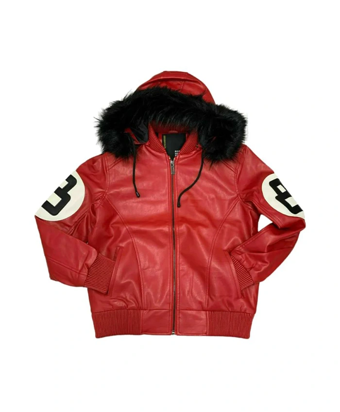 8 Ball Red Leather Hooded Jacket