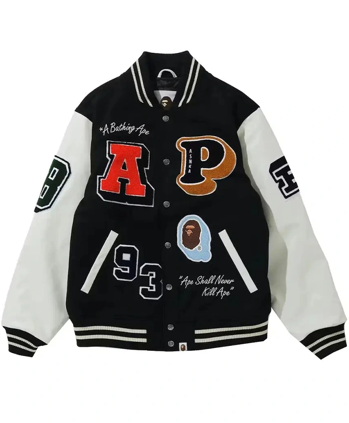 BAPE Crazy Patch Black & White Varsity Jacket