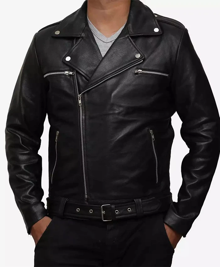 Men's Black Asymmetrical Belted Moto Leather Jacket