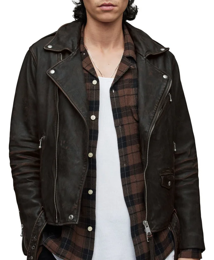 Mens Black With Texture Biker Leather Jacket