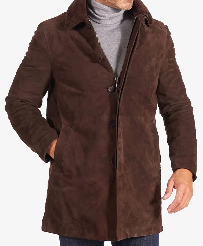 Men’s Dark Brown Suede Leather Trench Coat