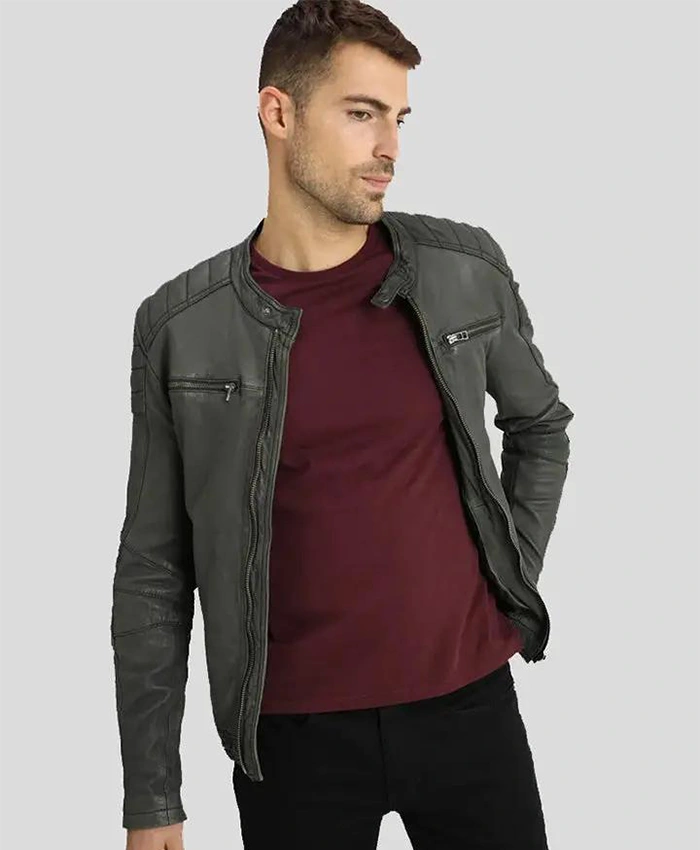 Men's Grey Biker Quilted Leather Jacket