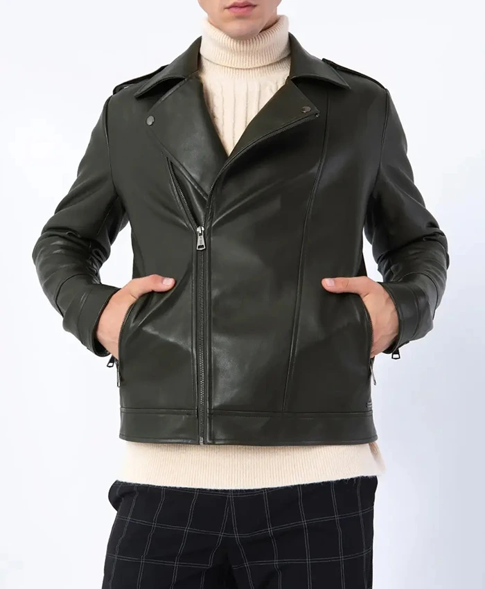 Mens Olive Green Biker Leather jacket